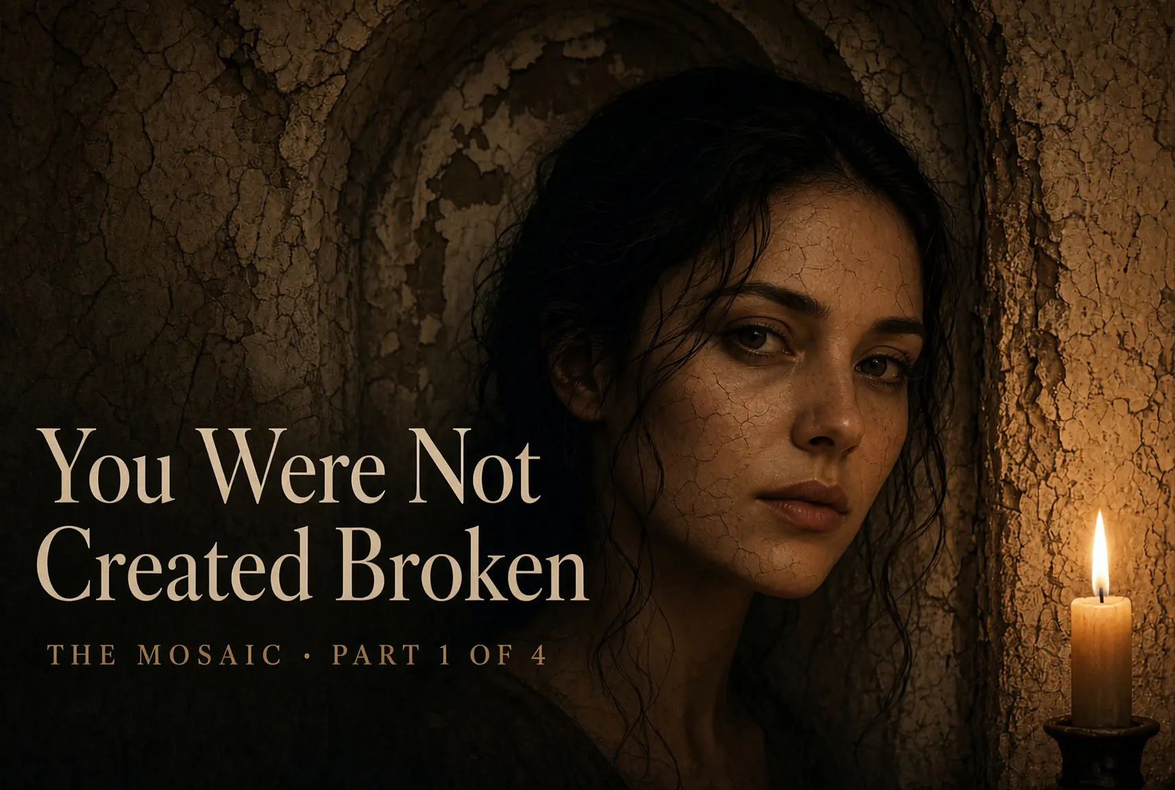 Woman in candlelight with fine cracks across her face. Text: You Were Not Created Broken. The Mosaic, part 1 of 4.